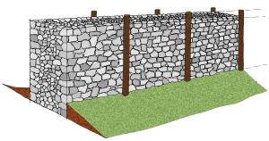 Idealna rekonstrukcija kamnitega zidu, okrepljenega z lesenimi stojkami.